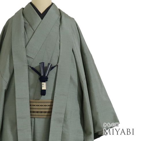 アンサンブル 男物 リサイクル 身丈150cm 裄76cm 羽織丈100cm 袷 紬 ゆったり グリーン Lサイズ お洒落 カジュアル しつけ糸 正絹 棒衿 Sランク